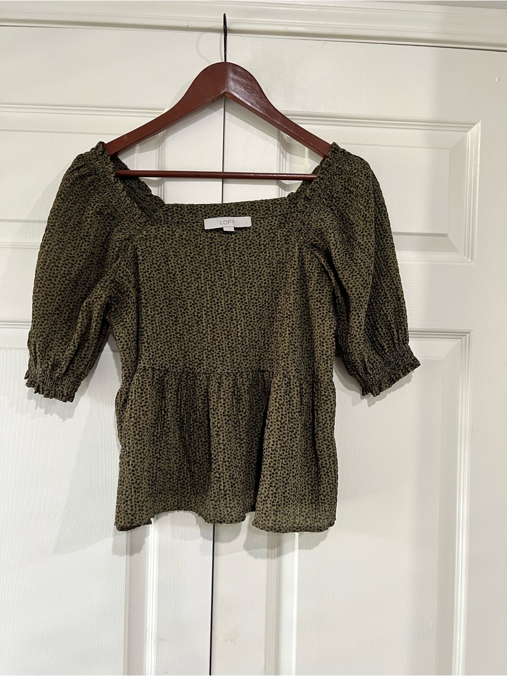 LOFT Olive Smocked Peplum Square Neck Top